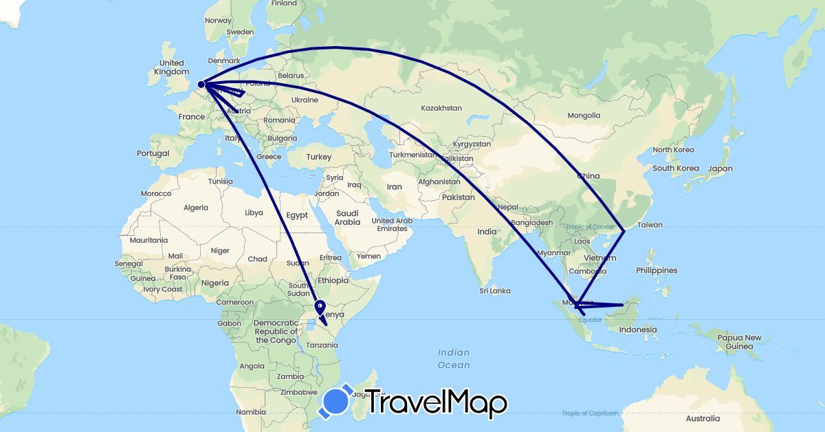 TravelMap itinerary: driving in Austria, China, Czech Republic, Germany, Kenya, Malaysia, Netherlands, Singapore (Africa, Asia, Europe)